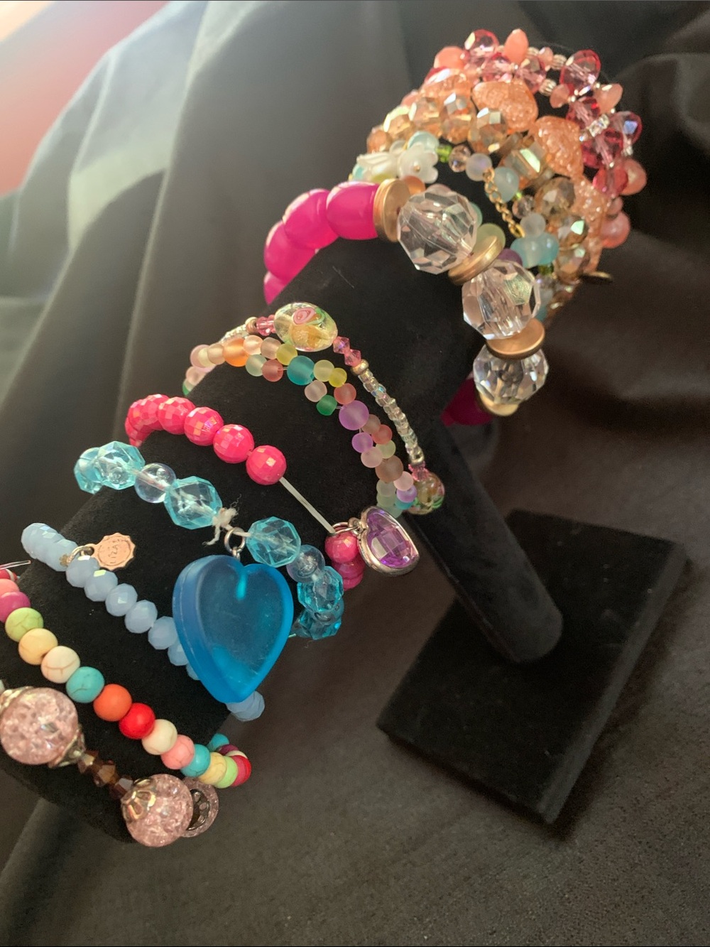 Colorful Beaded Heart Charm Bracelet Stack - Pink & Blue candy colored!